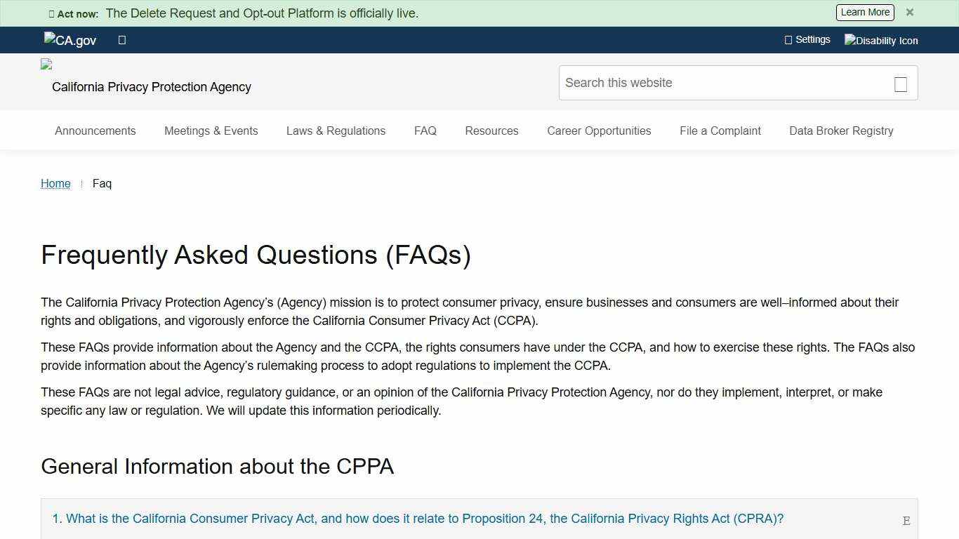 Frequently Asked Questions (FAQs) - California Privacy Protection Agency (CPPA)